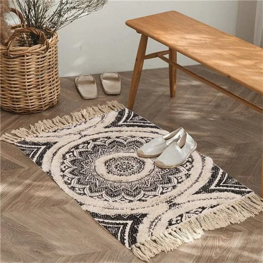 Cotton Rug, 2X3 Black Mandala Boho Rug, Hand Woven Bohemian Throw Rugs - Picture 1 of 7